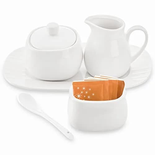 Dicunoy White Ceramic Sugar and Creamer Set with Lid, Spoon, Tray & Sweetener Box | 180ml (6oz) Creamer thumbnail 1