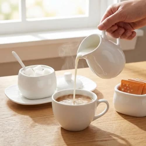 Dicunoy White Ceramic Sugar and Creamer Set with Lid, Spoon, Tray & Sweetener Box | 180ml (6oz) Creamer thumbnail 3