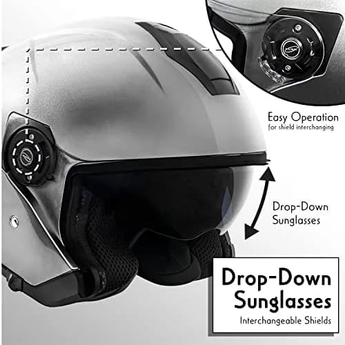 VCAN V88 3/4 Open Face Motorcycle Scooter Helmet Silver Metallic | DOT & ECE Certified thumbnail 5