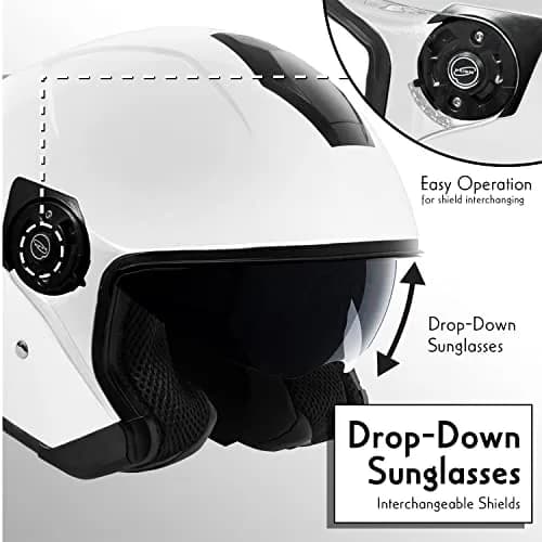VCAN V88 3/4 Open Face Motorcycle Scooter Helmet Gloss White Large | DOT & ECE Certified thumbnail 5