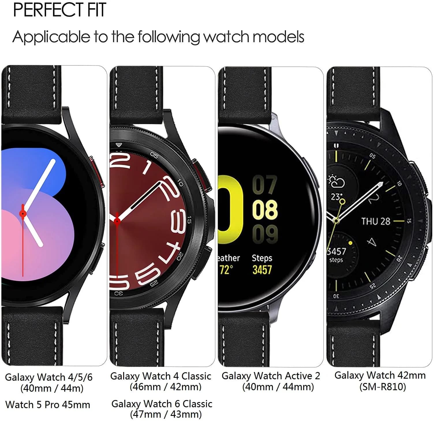 Olytop Black Leather Watch Band for Samsung Galaxy Watch 7/6/5/4 Series, 20mm | Classic Style - view 2