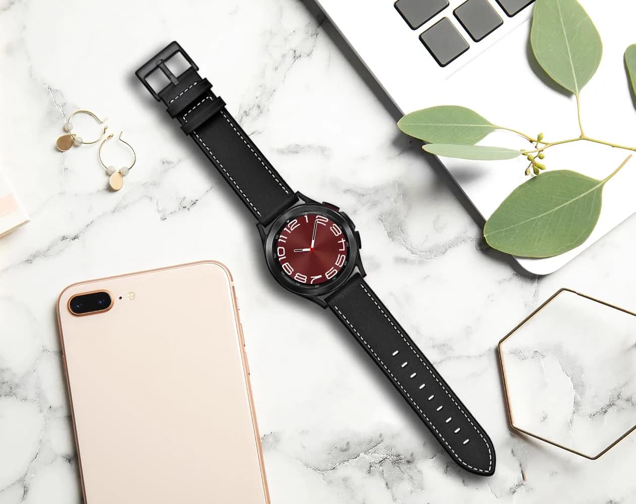 Olytop Black Leather Watch Band for Samsung Galaxy Watch 7/6/5/4 Series, 20mm | Classic Style - view 4
