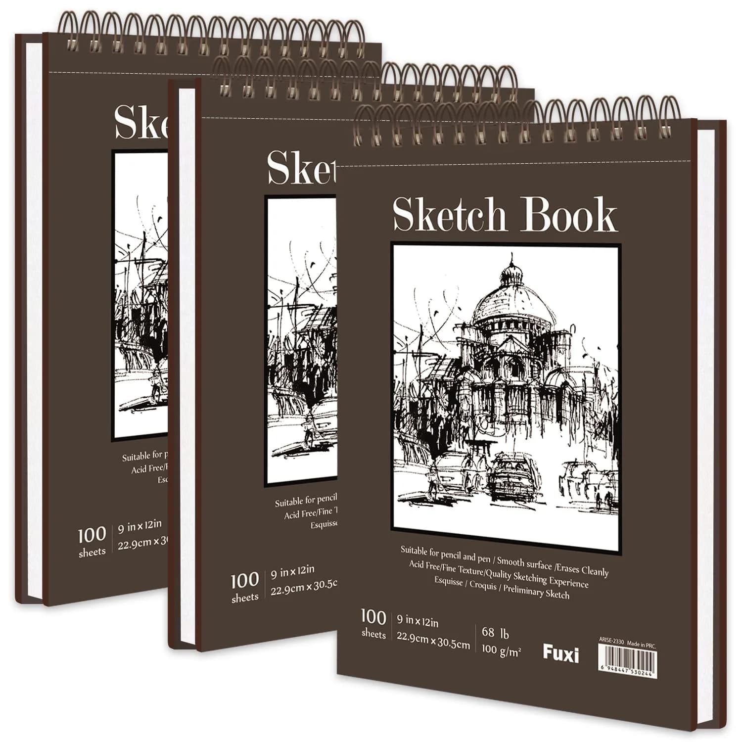 Fuxi 9" x 12" Sketch Book Set, 300 Sheets | Top Spiral Bound Art Paper Pad for Drawing & Sketching — 300 Sheets
