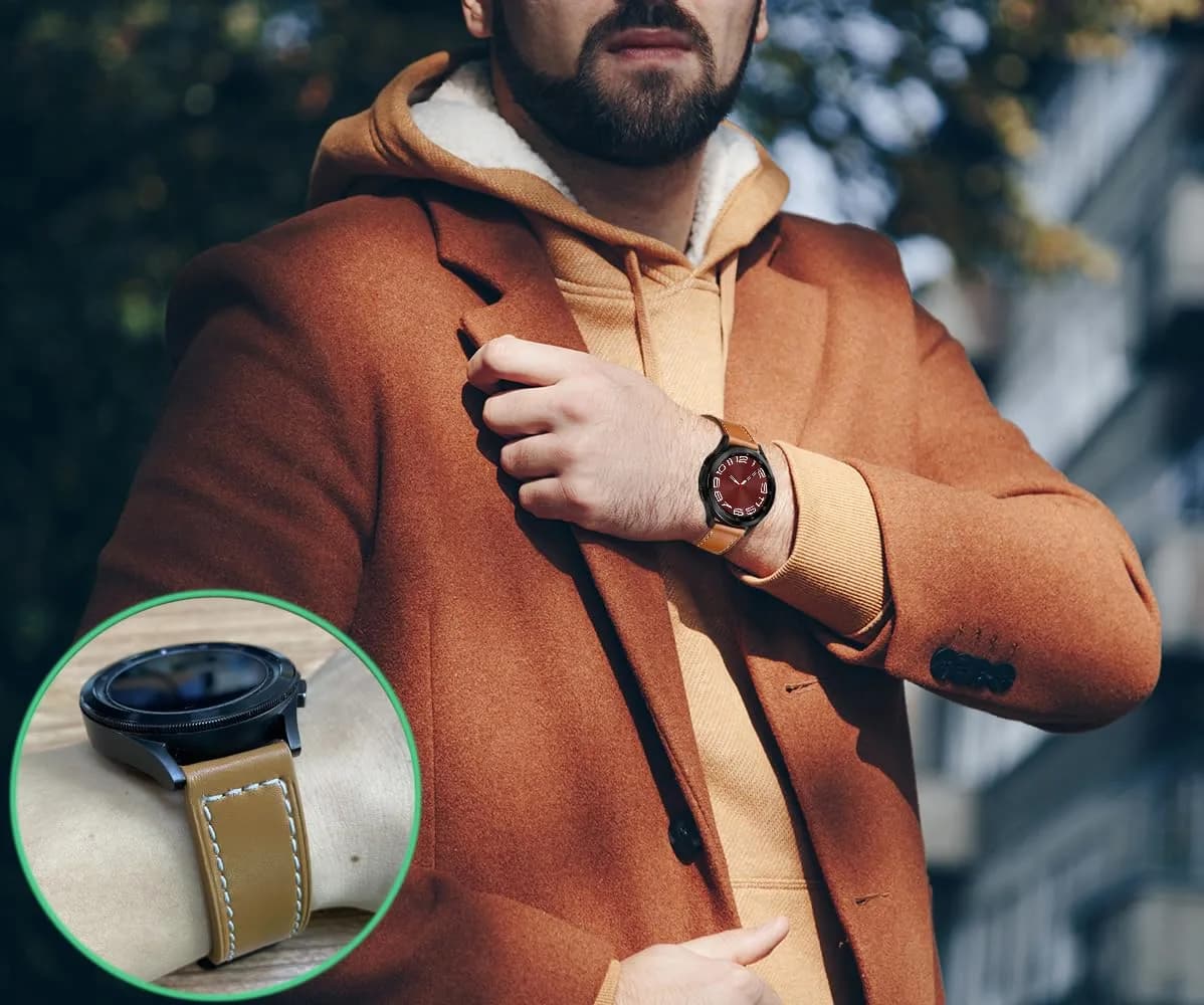 Olytop Brown Leather Watch Band for Samsung Galaxy Watch 7/FE/6/5/4 40mm/44mm/5 Pro 45mm/6 Classic 47mm 46mm 43mm 42mm, 20mm Wristband | Compatible with Active 2, Classic Buckle - view 7