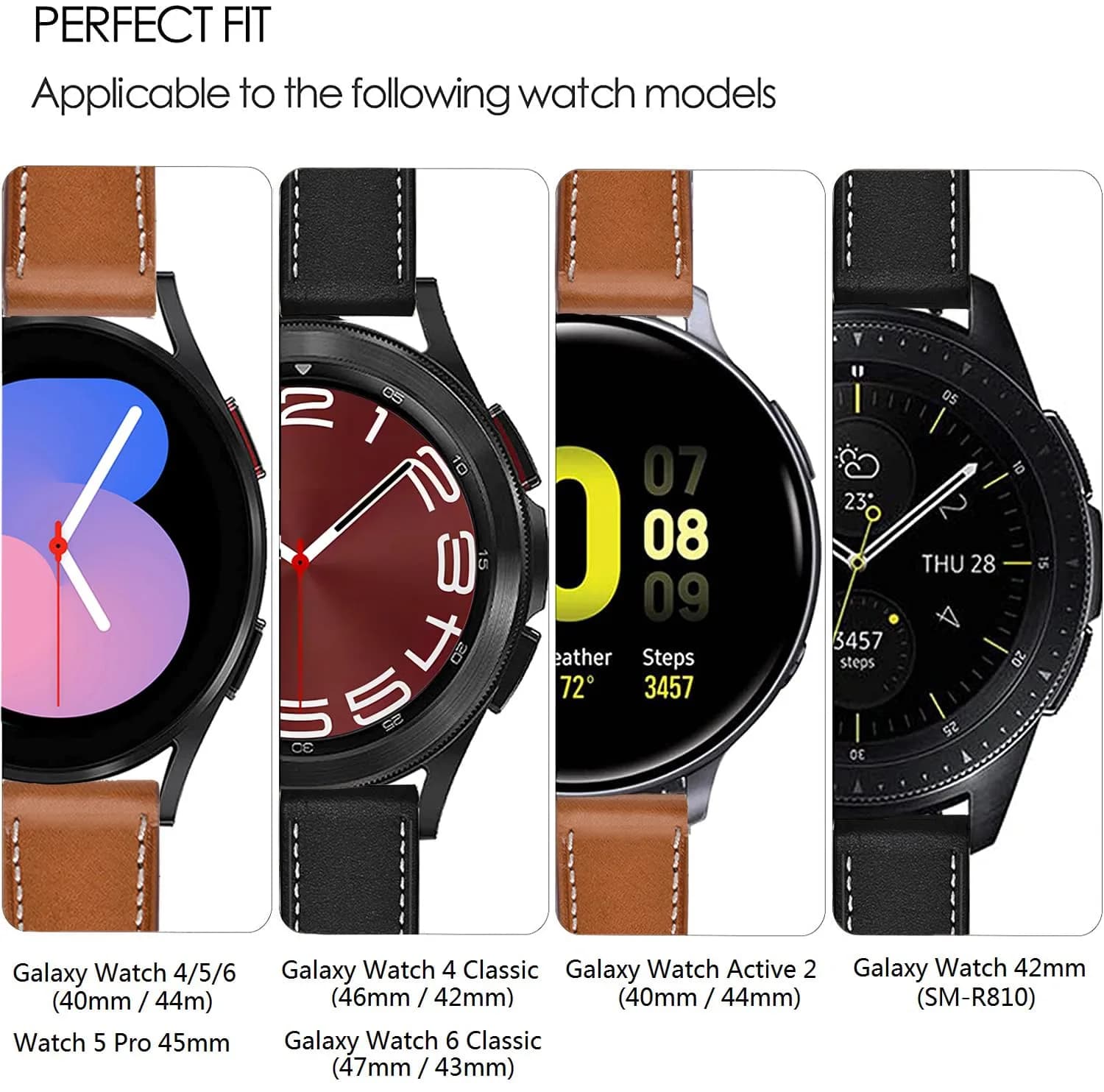Olytop 20mm Leather Watch Bands for Samsung Galaxy Watch 7/6/5/4 Series, 2-Pack Black+Brown - view 2