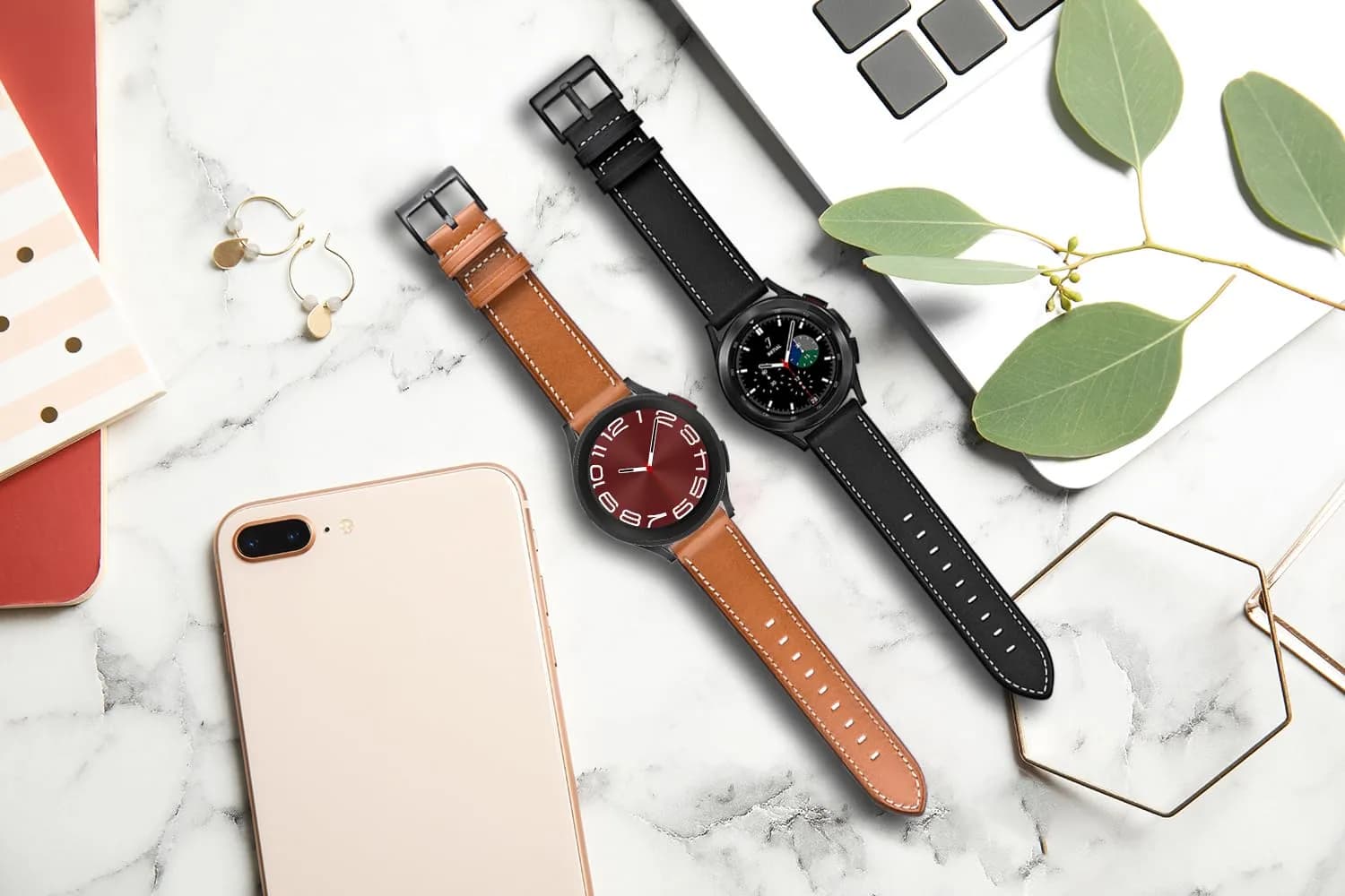 Olytop 20mm Leather Watch Bands for Samsung Galaxy Watch 7/6/5/4 Series, 2-Pack Black+Brown - view 3