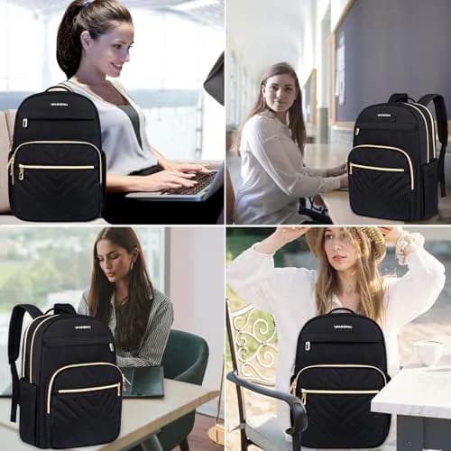 VANKEAN Quilted Black 15.6 Inch Laptop Backpack | Water-Resistant Travel Daypack thumbnail 6