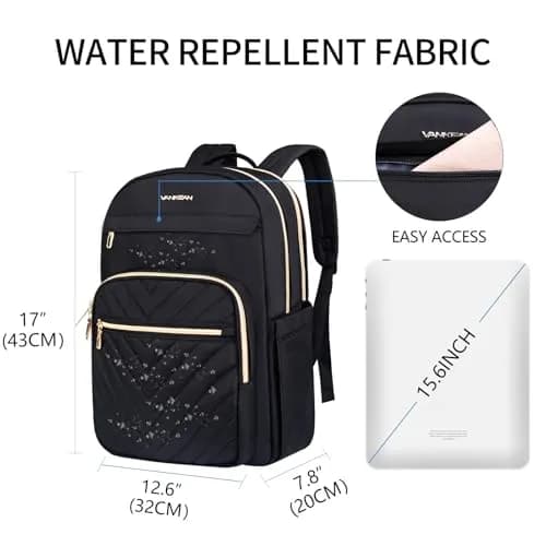 VANKEAN Quilted Black 15.6 Inch Laptop Backpack | Water-Resistant Travel Daypack thumbnail 7
