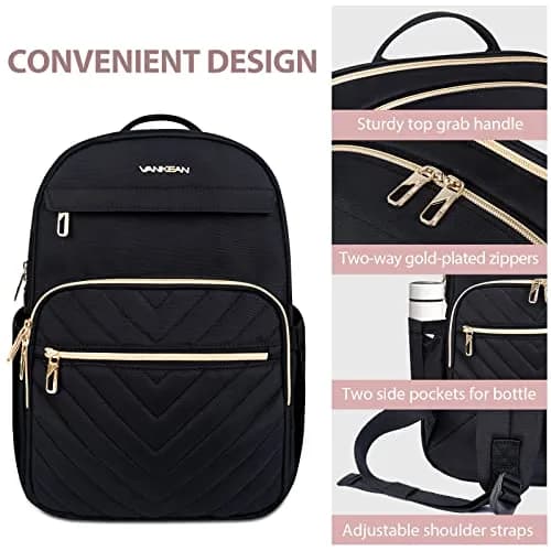 VANKEAN Quilted Black 15.6 Inch Laptop Backpack | Water-Resistant Travel Daypack thumbnail 3