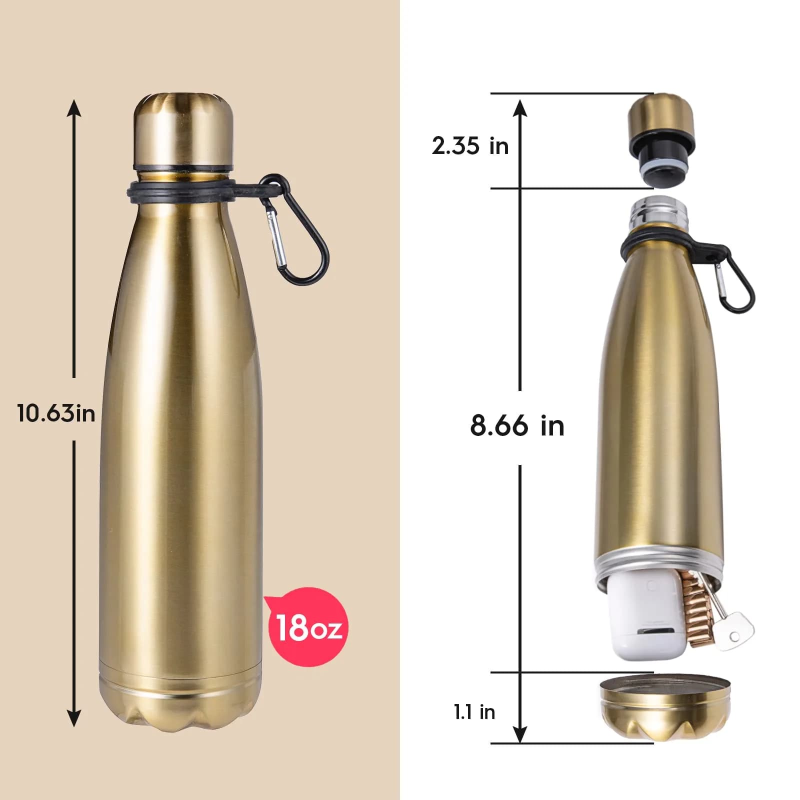 LetPetSet Golden Water Bottle Diversion Safe 532ml (18 Fl Oz) | Hidden Compartment for Valuables - view 2