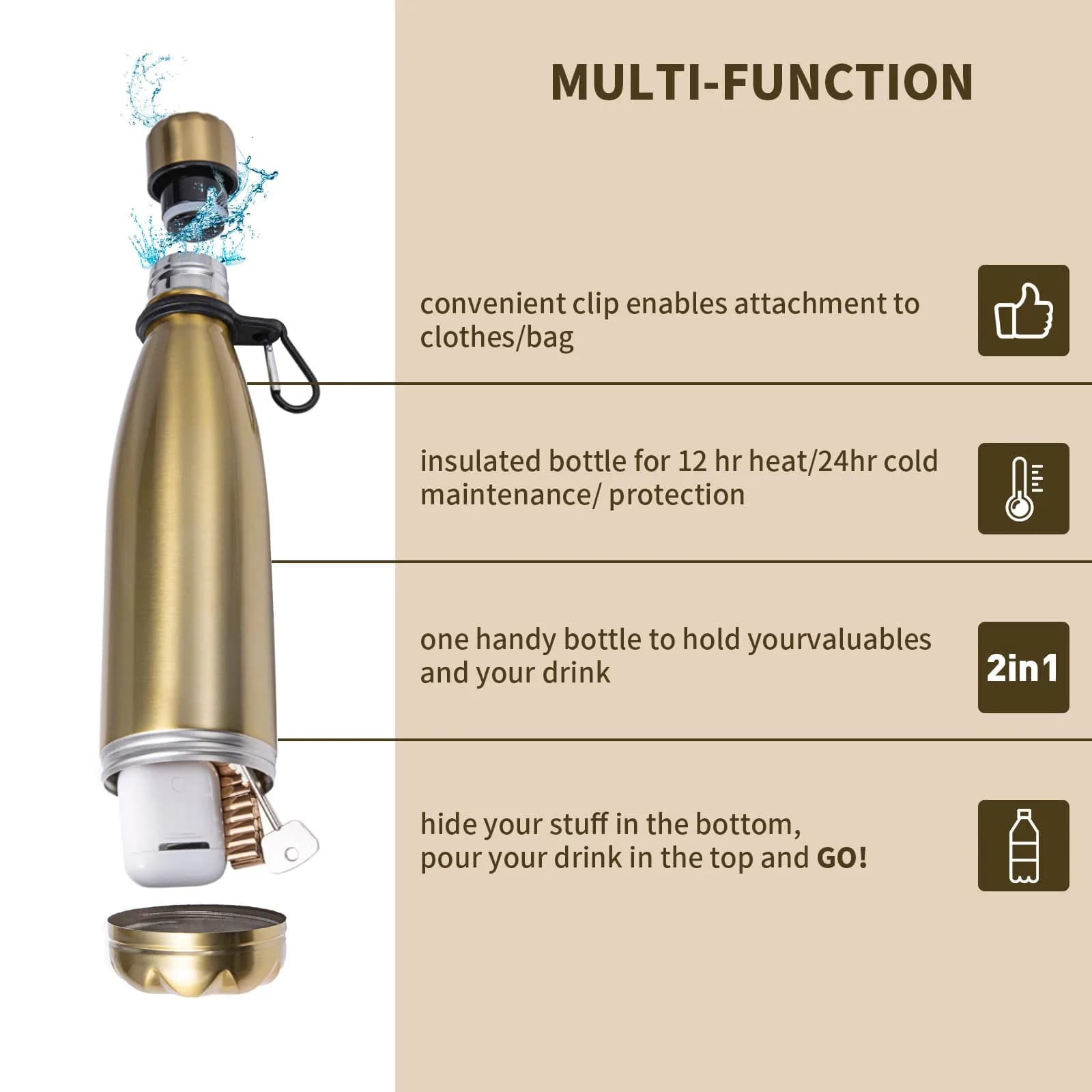 LetPetSet Golden Water Bottle Diversion Safe 532ml (18 Fl Oz) | Hidden Compartment for Valuables - view 3