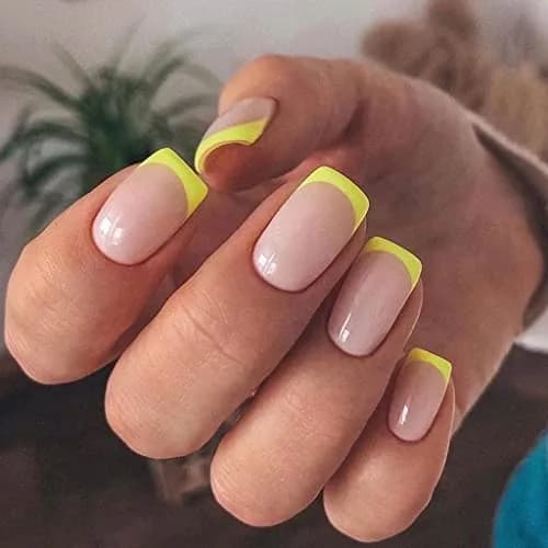 RikView Oval French Tip Nails 24 PCS Glossy Yellow | Full Cover Acrylic False Nails thumbnail 1