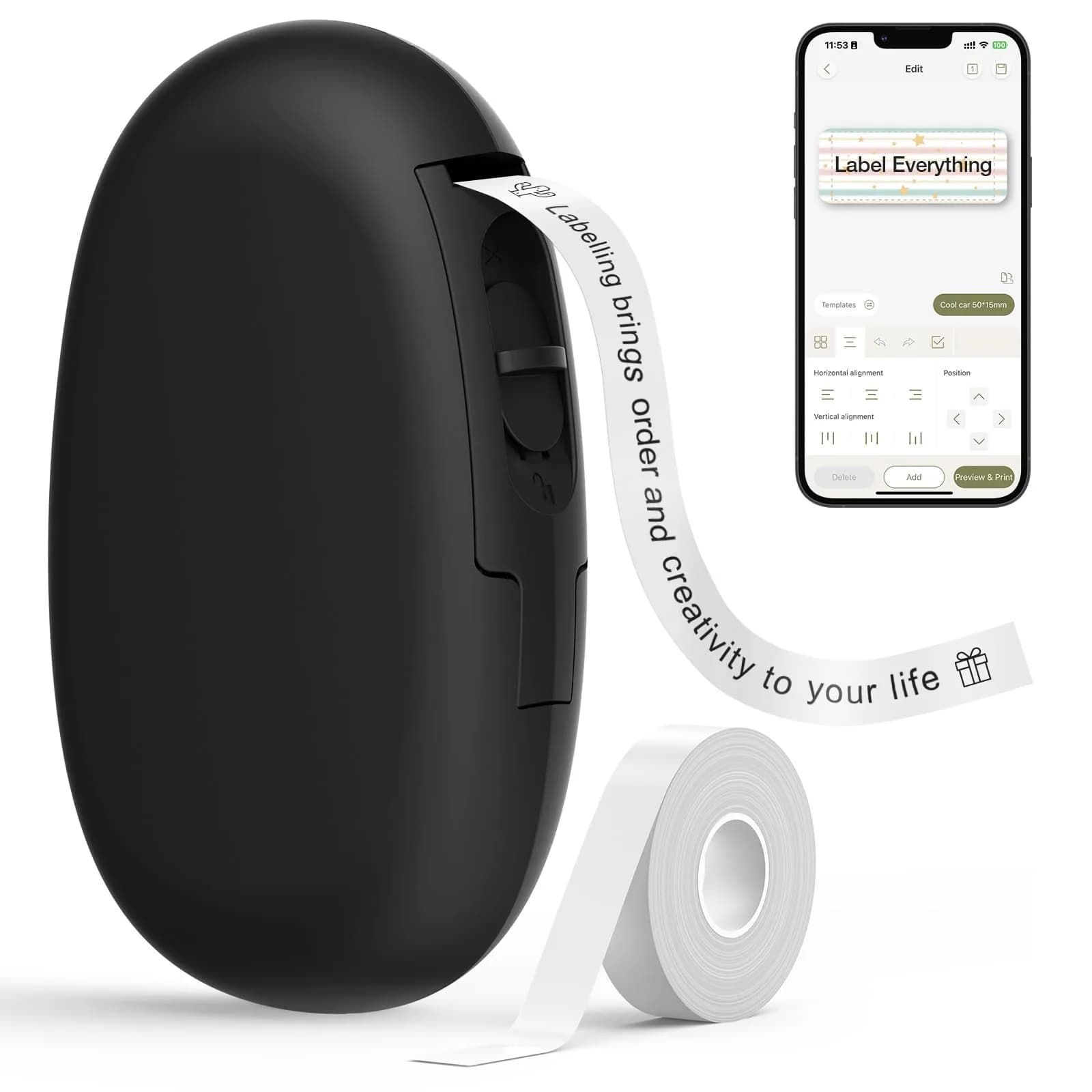 SUPVAN E10 Bluetooth Label Maker Machine with Tape, Black | 220V Compatible Printer - main product image