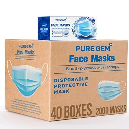 PURE GEM 3-Ply Disposable Face Masks | Soft on Skin, Pack of 2000 Blue Masks with Elastic Earloops (2000 Masks) thumbnail 1