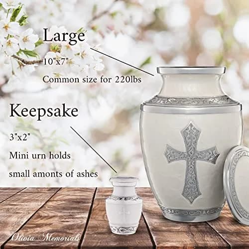 Olivia Memorials White Urn for Ashes 10x7 in | Religious Cross Handcrafted Elegance thumbnail 5