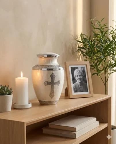Olivia Memorials White Urn for Ashes 10x7 in | Religious Cross Handcrafted Elegance thumbnail 6