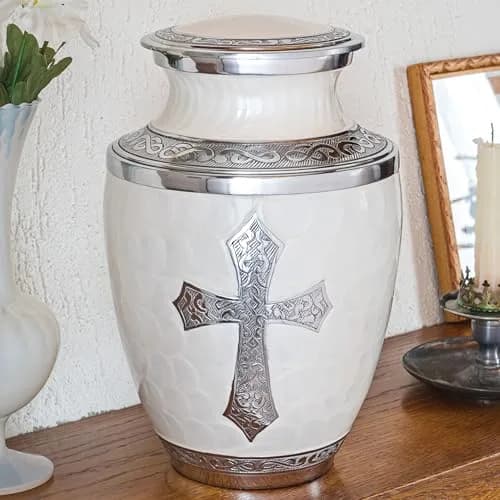 Olivia Memorials White Urn for Ashes 10x7 in | Religious Cross Handcrafted Elegance thumbnail 2