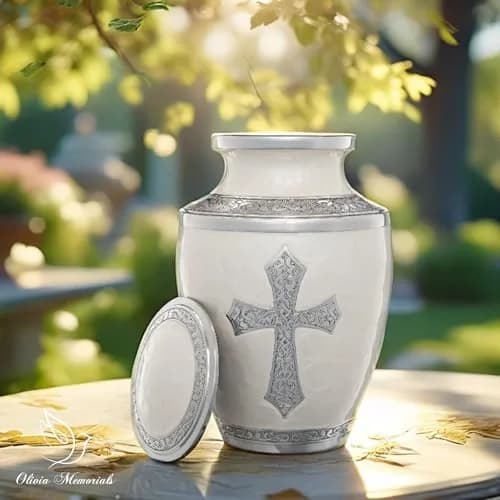 Olivia Memorials White Urn for Ashes 10x7 in | Religious Cross Handcrafted Elegance thumbnail 3