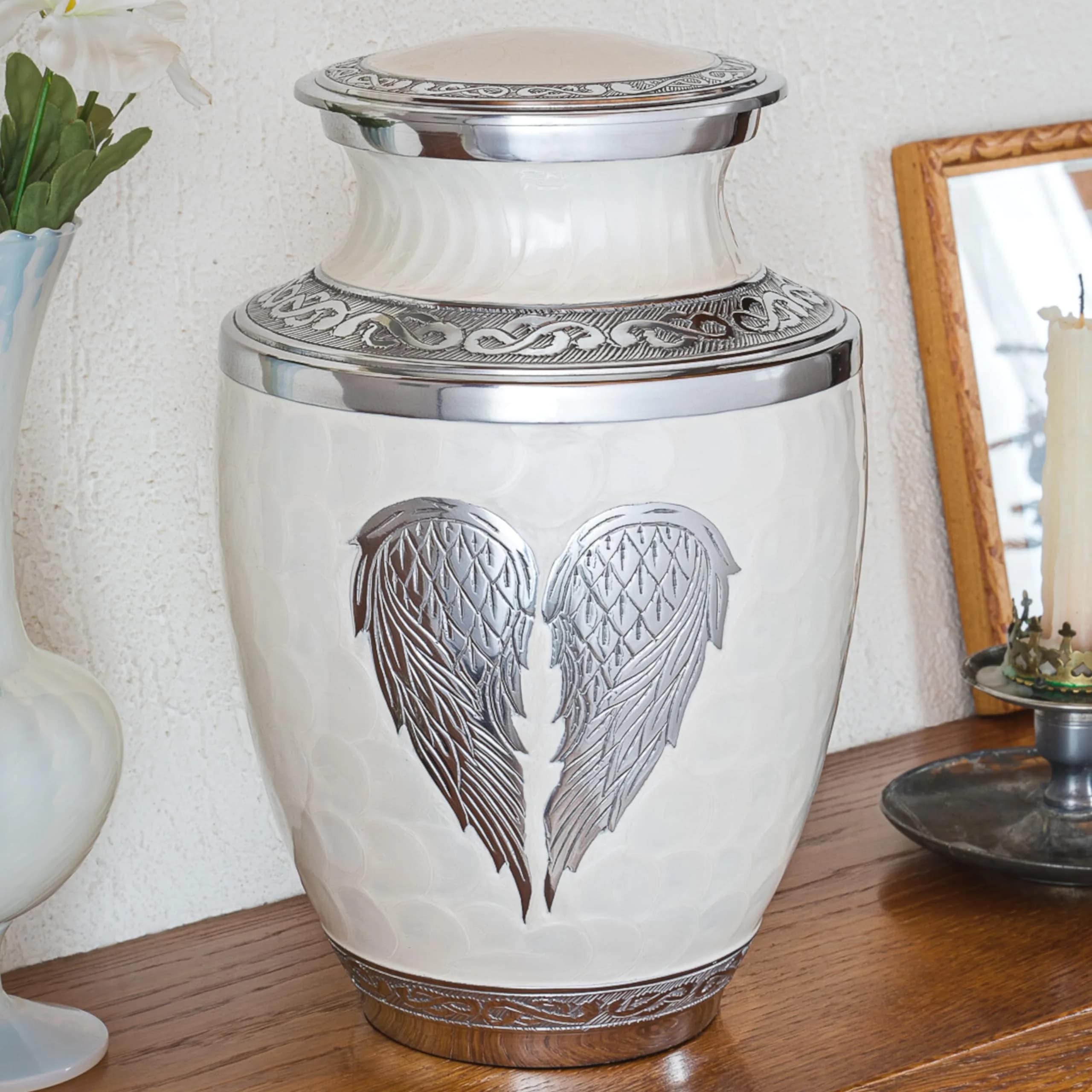 Olivia Memorials White Urn for Ashes 10x7 inches | Elegant Heart Design with Angel Wings, 220 cu in, Metal - main product image
