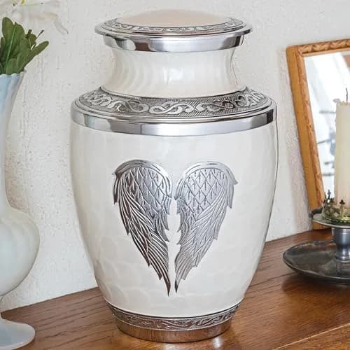 Olivia Memorials White Urn for Ashes 10x7 inches | Elegant Heart Design with Angel Wings, 220 cu in, Metal thumbnail 1