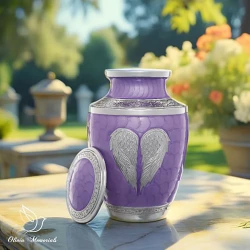 Olivia Memorials White Urn for Ashes 10x7 inches | Elegant Heart Design with Angel Wings, 220 cu in, Metal thumbnail 4