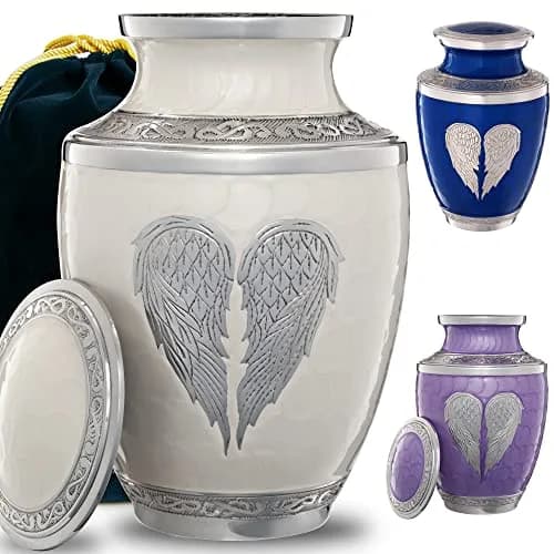 Olivia Memorials White Urn for Ashes 10x7 inches | Elegant Heart Design with Angel Wings, 220 cu in, Metal thumbnail 5