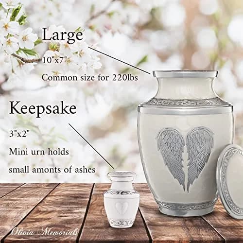 Olivia Memorials White Urn for Ashes 10x7 inches | Elegant Heart Design with Angel Wings, 220 cu in, Metal thumbnail 2