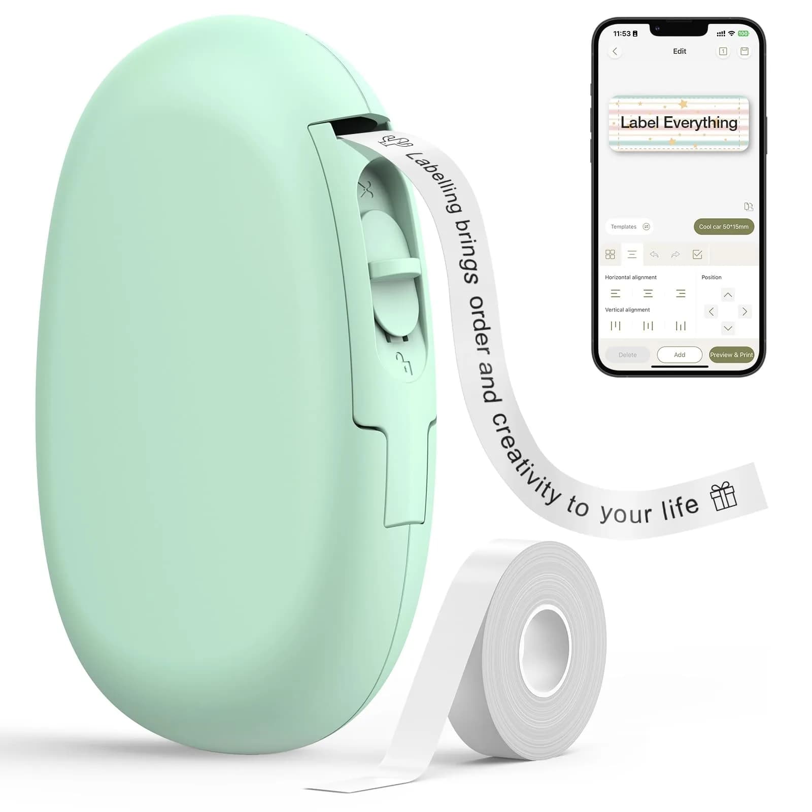 SUPVAN E10 Bluetooth Label Maker Machine with Tape, Green | Inkless Thermal Printer for Home, Office, School - main product image