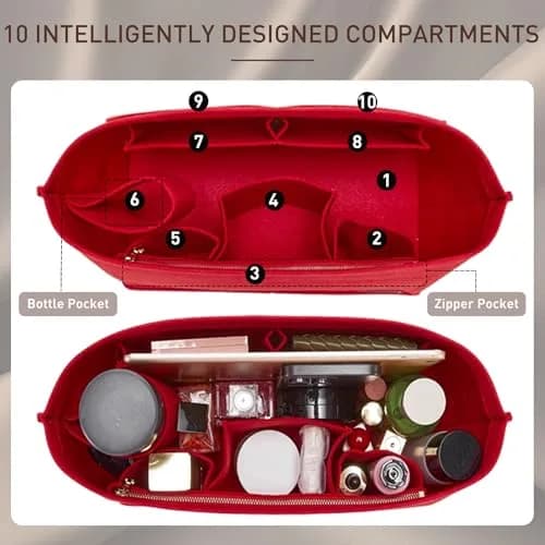 Doxo Purse Organizer Insert for Handbags & Base Shaper 2pc Set, Felt Neverfull GM Organizer Insert, Tote Bag Organizer with Zipper Pocket and Bottle Holder, Fit Neverfull GM and More, Red-XL thumbnail 4