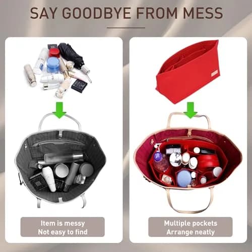 Doxo Purse Organizer Insert for Handbags & Base Shaper 2pc Set, Felt Neverfull GM Organizer Insert, Tote Bag Organizer with Zipper Pocket and Bottle Holder, Fit Neverfull GM and More, Red-XL thumbnail 6