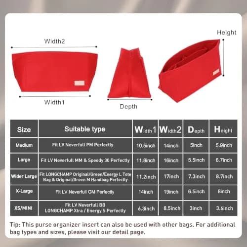 Doxo Purse Organizer Insert for Handbags & Base Shaper 2pc Set, Felt Neverfull GM Organizer Insert, Tote Bag Organizer with Zipper Pocket and Bottle Holder, Fit Neverfull GM and More, Red-XL thumbnail 2