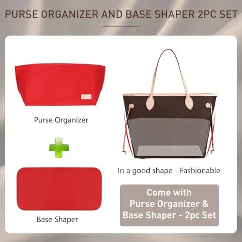 Doxo Purse Organizer Insert for Handbags & Base Shaper 2pc Set, Felt Neverfull GM Organizer Insert, Tote Bag Organizer with Zipper Pocket and Bottle Holder, Fit Neverfull GM and More, Red-XL thumbnail 3