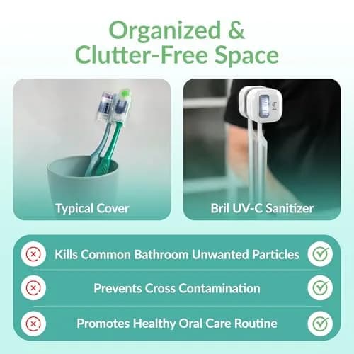 Bril UV-C Toothbrush Sanitizer and Holder – Wall Mount, Rechargeable, 30-Day Battery, Auto-Shutoff, Fits Electric & Manual Brushes, White thumbnail 6