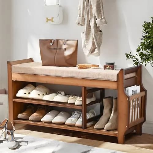 PETKABOO Shoe Bench with Hidden Drawer and Side Holder | 2 Tier Entryway Storage 39.4 in | Bamboo & Wood thumbnail 1