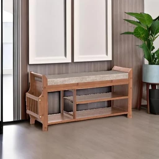 PETKABOO Shoe Bench with Hidden Drawer and Side Holder | 2 Tier Entryway Storage 39.4 in | Bamboo & Wood thumbnail 5