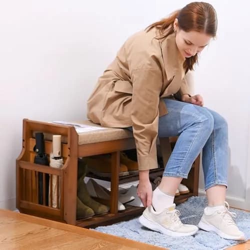PETKABOO Shoe Bench with Hidden Drawer and Side Holder | 2 Tier Entryway Storage 39.4 in | Bamboo & Wood thumbnail 7