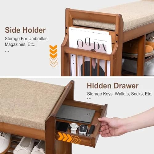 PETKABOO Shoe Bench with Hidden Drawer and Side Holder | 2 Tier Entryway Storage 39.4 in | Bamboo & Wood thumbnail 8