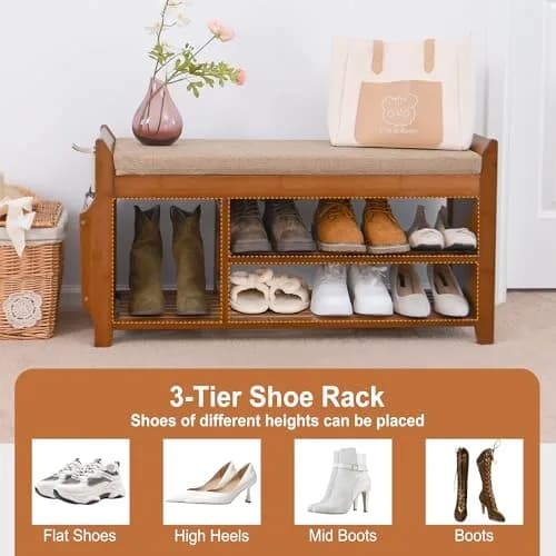 PETKABOO Shoe Bench with Hidden Drawer and Side Holder | 2 Tier Entryway Storage 39.4 in | Bamboo & Wood thumbnail 9
