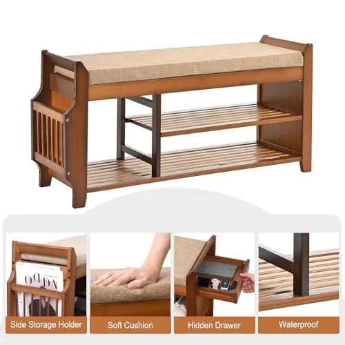 PETKABOO Shoe Bench with Hidden Drawer and Side Holder | 2 Tier Entryway Storage 39.4 in | Bamboo & Wood thumbnail 10