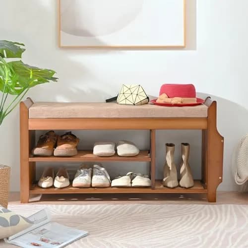 PETKABOO Shoe Bench with Hidden Drawer and Side Holder | 2 Tier Entryway Storage 39.4 in | Bamboo & Wood thumbnail 2