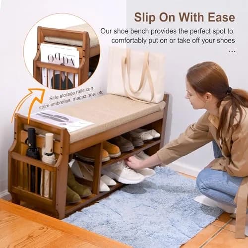 PETKABOO Shoe Bench with Hidden Drawer and Side Holder | 2 Tier Entryway Storage 39.4 in | Bamboo & Wood thumbnail 3