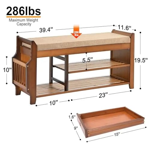 PETKABOO Shoe Bench with Hidden Drawer and Side Holder | 2 Tier Entryway Storage 39.4 in | Bamboo & Wood thumbnail 4