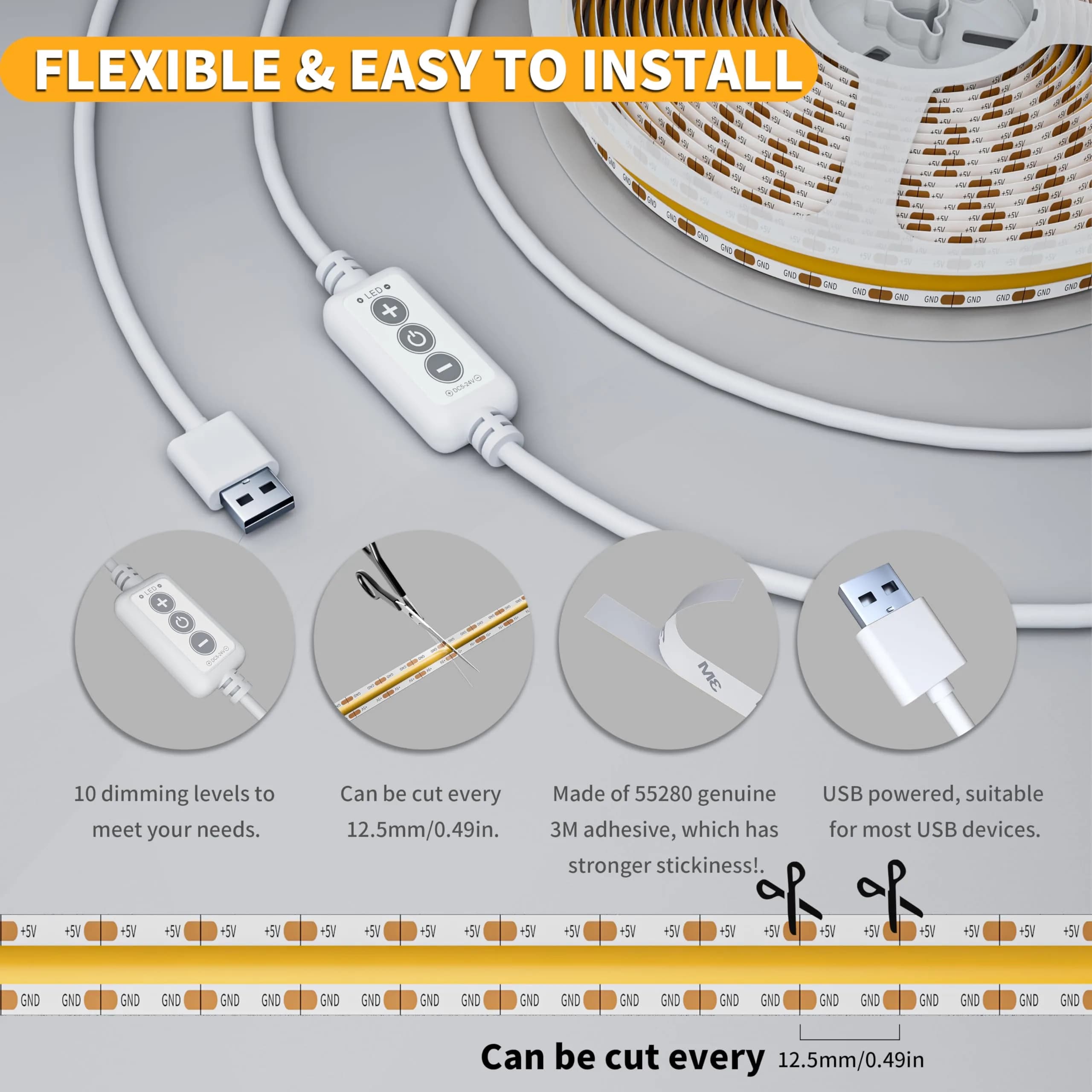 PAUTIX COB LED Strip Light 2m (6.56ft) Warm White 2700K | Dimmable USB Powered Tape Light with 640 LEDs - view 6