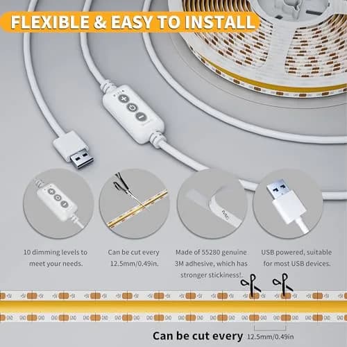 PAUTIX COB LED Strip Light 2m (6.56ft) Warm White 2700K | Dimmable USB Powered Tape Light with 640 LEDs thumbnail 6