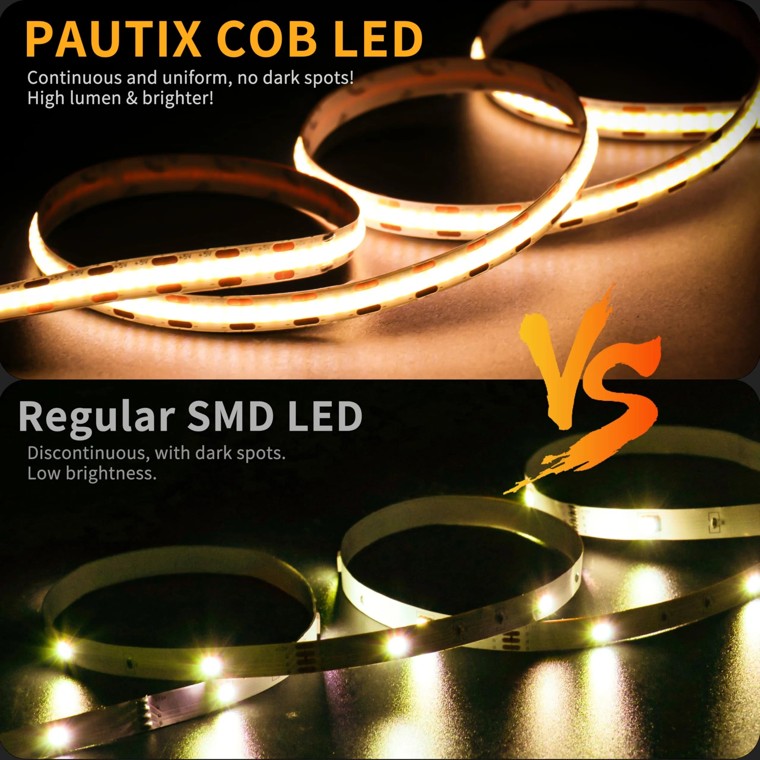 PAUTIX COB LED Strip Light 2m (6.56ft) Warm White 2700K | Dimmable USB Powered Tape Light with 640 LEDs - view 8
