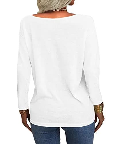 Danedvi Women Deep V Neck Long Sleeve Tops Solid Casual Loose Basic T Shirt | Stylish & Comfortable thumbnail 2