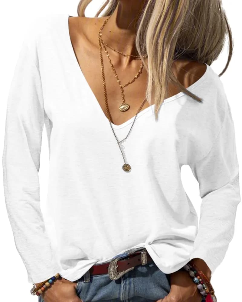 Danedvi Deep V Neck Long Sleeve Tops XX-Large | Casual Solid Loose Fit T Shirt