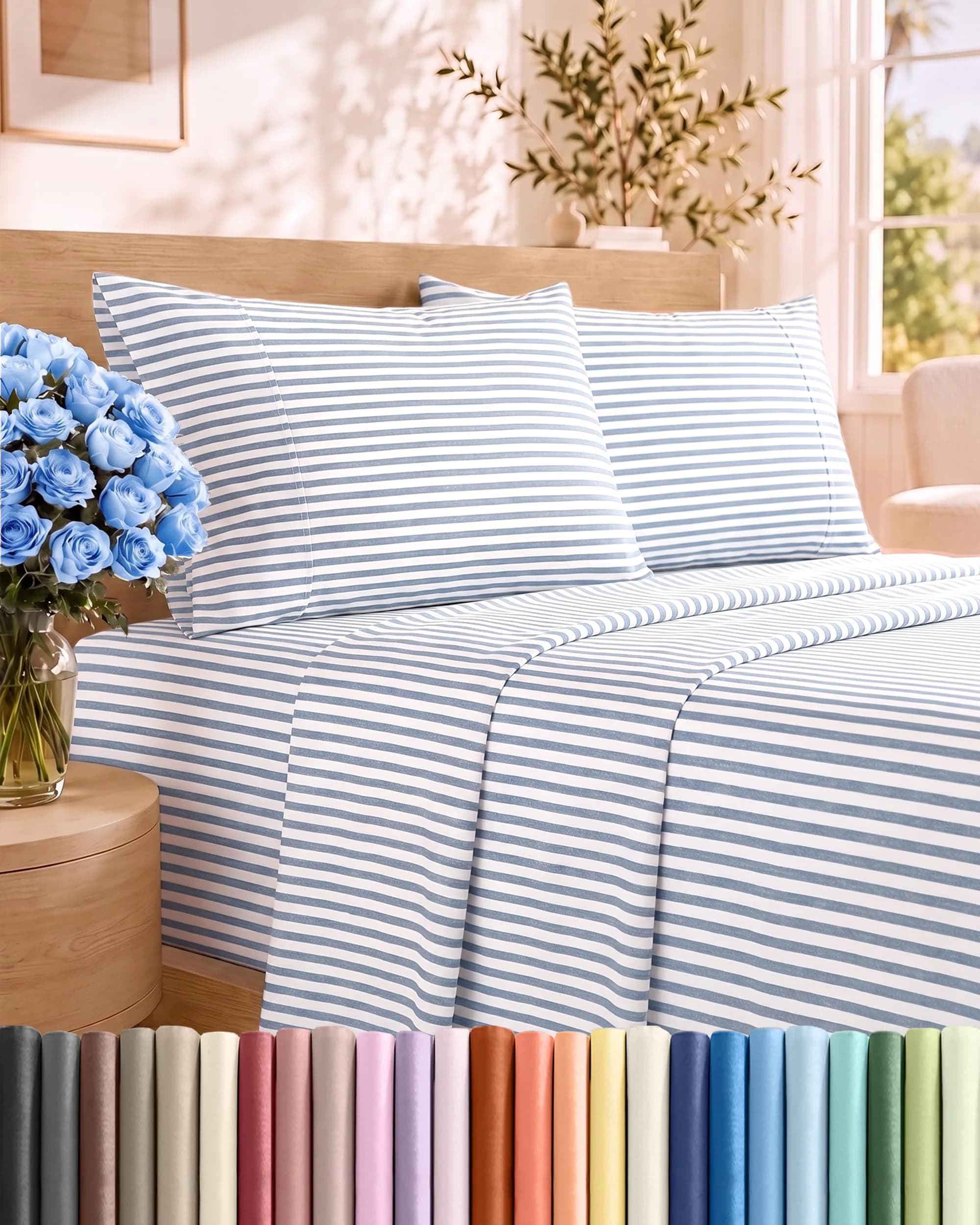 CGK Unlimited Queen Size 4 Piece Sheet Set | Breathable & Cooling Microfiber Sheets - Blue Stripes