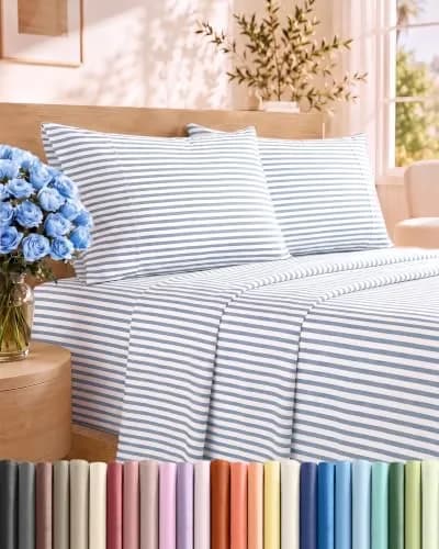 CGK Unlimited Queen Size 4 Piece Sheet Set | Breathable & Cooling Microfiber Sheets - Blue Stripes thumbnail 1