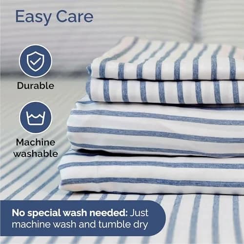 CGK Unlimited Queen Size 4 Piece Sheet Set | Breathable & Cooling Microfiber Sheets - Blue Stripes thumbnail 6
